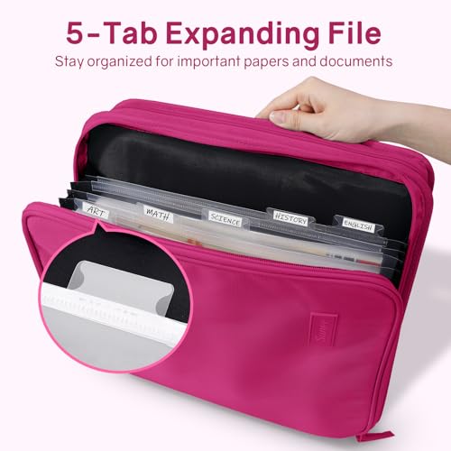 SUNEE Zippered Binder Bag with Handle, 2-Inch 3-Ring O-Ring, 500-Sheet Capacity, Includes Zip Pocket, 5-Tab Expanding File Folder, Multi-Pocket Organizer Binder for Middle School, Berry Pink - color: Berry Pink