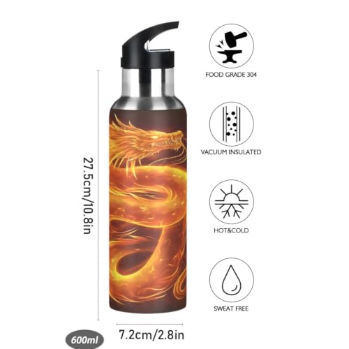 Fire Dragon Water Bottle Insulated Stainless Steel Water Bottle with Straw Lid 20 oz Leak Proof Flame Dragon Design Gift for Dragon Lovers Kids Boys Teens Men - color: Multicolor