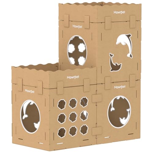 DIY Cat House with Scratcher Cardboard, Condo with Scratching Pads,Cats Play House, DIY Modular Cat Boxes, Indoor Kitty Scratcher Hideout for One or More Cats, Cat Tower Castle Tunnel, 5 Parts - size: 3 Boxes + 2 Roofs + 4 Scratchers