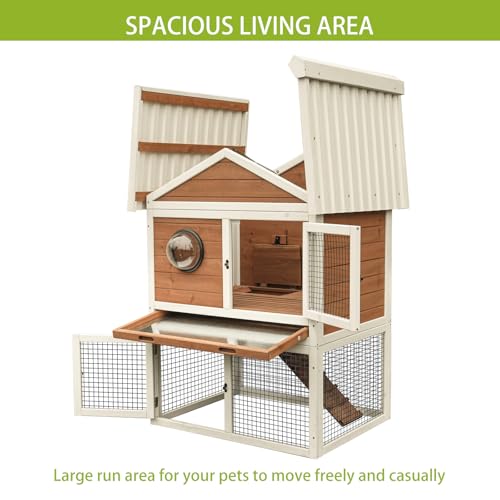2-Tier Wooden Rabbit Hutch, Outdoor Bunny Cage with Pull-Out Tray, Ramp, Waterproof Roof, Large Space Pet House for Rabbit Guinea Pig Chicken, Indoor Outdoor Small Animal Habitat（96484）