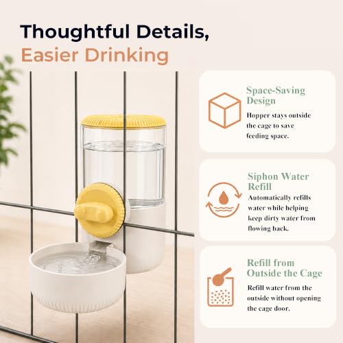 34 oz Hanging Water Dispenser for Small Animals, Guinea Pigs & Rabbits | Secure Mount | Adjustable Height | One-Way Flow | Outside Refill | Easy Cleaning - color: Yellow