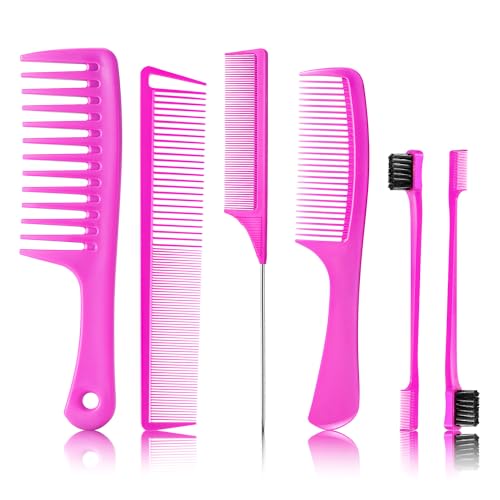 SALONSILK 6PCS Professional Comb Set, Edge Brush Wide Tooth Rat Tail Fine Tooth Hair Combs for Women&Men, Braiding Cutting Barber Styling Curly Parting Set for Curls, Natural Black Hair - color: Rose red-6PCS