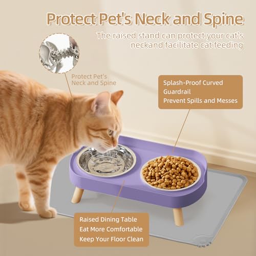 Elevated Cat Bowl with Food Mat, Raised Cat Food and Water Bowl Set for Indoor Cats, Splash Proof with 2 Stainless Steel Pet Food Bowls for Cat and Puppies,Whisker Fatigue and Dishwasher Safe (Purple) - color: Cat Bowls with mat - purple
