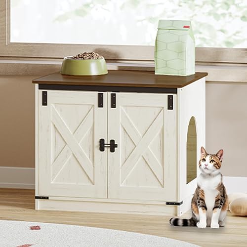 Hzuaneri Cat Litter Box Enclosure, Hidden Litter Box Furniture with Divider | Wooden Cat Cabinet with Removable Dividers, Reversible Entrance Left or Right Side, Cat Washroom, Rustic White Brown CB84514X - color: Rustic White and Brown, size: 23.6"L x 19.