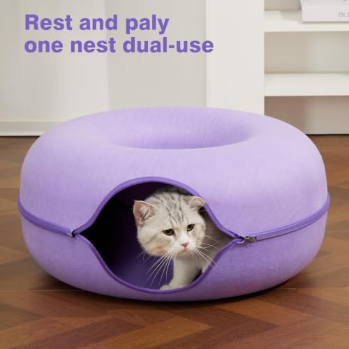 Cat Tunnel Bed for Indoor Cats with 3 Toys, Scratch Resistant Detachable and Washable Large Donut Cat Bed, Available in All Seasons (Purple, L(24x24x11)) - color: Purple