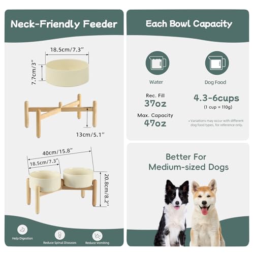 Havniva Elevated Dog Bowls Ceramic Dog Bowls with Stand, Dog Food Bowl | 7.3” Raised Dog Bowls with Non-Slip Wood Stand, Dog Food and Water Bowl Set, Double Dog Feeding Bowls for Medium Dogs - color: 2 Bowls+Stand - Light Yellow, size: 7.3inch