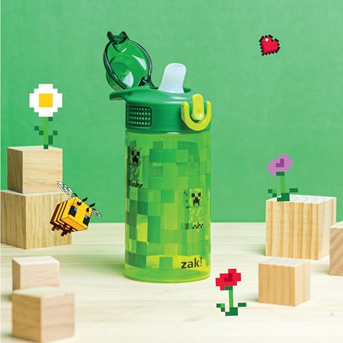 Zak Designs Sage Minecraft Kids Water Bottle For School or Travel, 16oz Durable Plastic Water Bottle With Straw, Handle, and Leak-Proof, Pop-Up Spout Cover (Creeper) - color: Minecraft (Creeper), size: 16 Ounces