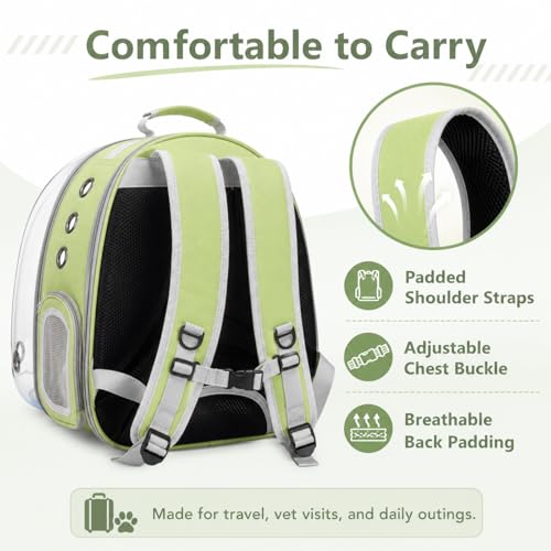 Expandable Cat Carrier Backpack with Bubble Window and Mesh, Light Green | Anti-collapse frame, breathable mesh, escape-resistant zipper clips and safety leash for vet visits and outdoor travel. - color: LightGreen