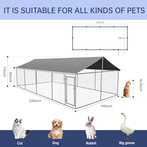 Petony Outdoor Dog Enclosure Heavy Duty Dog Kennel House Mesh Dog Big Cage Pet Kennel Steel Fence with Secure Lock - size: 236.0"L x 236.0"W x 65.0"H