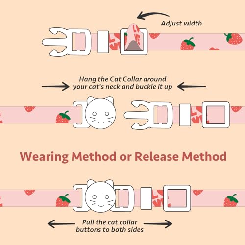 2 Pack Cotton Cat Collar Pink Strawberrie White Heart Cute Kitten Collar | Breakaway Breathable Soft material With cute pendants with Bell - color: Pink&White