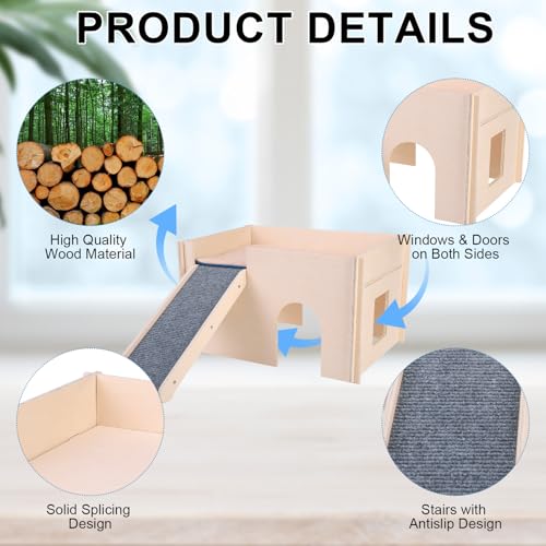 PAWCHIE Wooden Guinea Pig Hideout with Pee Pad Set, Detachable Small Animal House Bed Hut Habitats with Stairs and Windows, Bunny Hideout Castle for Indoor Hamsters Chinchilla Gerbil Playing Hiding - color: Rectangular Hut with Pee Pad and Stairs