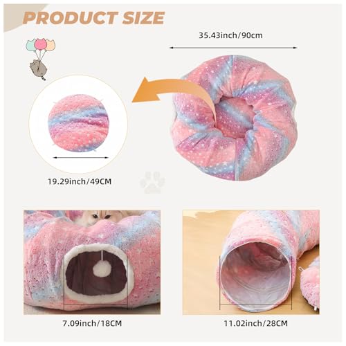 Under Christmas Tree Large Cat Tunnels Bed Tube for Indoor Cats Glows in The Dark Cat Tunnel with Cushion and Plush Ball Toy Longer Playground Toys for Dog Puppy Kitten Rabbit Pet Rainbow - color: Rainbow Bed