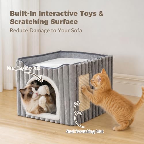 Avont 3-in-1 Cat Cave Bed for Indoor Cats with Scratch Pad | Scratch Pad & Hanging Ball, Large Hideaway for up to 20 LBS, Washable Cushion, Foldable Design, Available in Grey & Cream - color: Grey