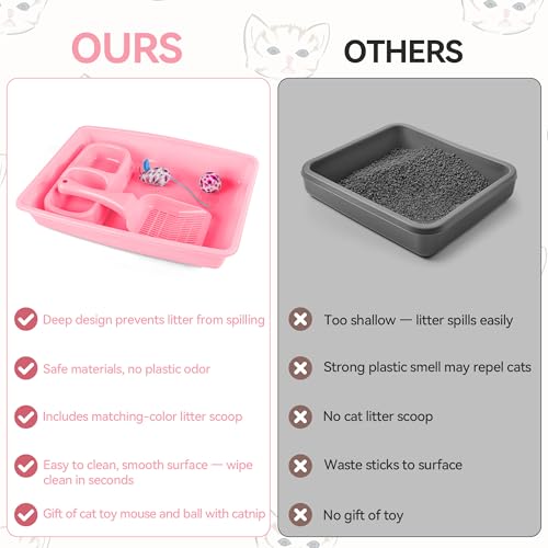 PAWISE Cat Litter Box Set, Small Kitten Starter Kit, Includes Litter Box, Litter Scoop, Double Dish Feeding Bowl, Cat Mouse Toy, Kitty Ball Toy, Pink - color: Pink