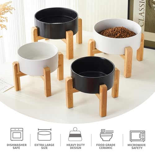 6'' Ceramic Raised Dog Bowl - 30Oz Dog Food & Water Bowl with Elevated Non-Slip Bamboo Stand, Dishwasher & Microwave Safe, Anti Vomiting Heavy Duty Pet Bowl for Small and Medium Dogs, Black - color: 1 x Bowl + Stand - Black, size: 6 inch