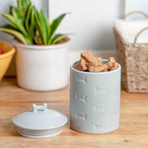 Ceramic Pet Treat Jar with Airtight Lid for Dogs, Cats, Puppies and More, Chic Kitchen Countertop Container for Cookies, Biscuits and Treats (Manor, Grey, 1.4 Qt) - color: Grey