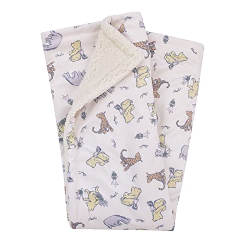 Disney Classic Pooh Naturally Friends Ivory and Taupe Piglet, Eeyore, and Tigger Super Soft Sherpa Baby Blanket - color: Pooh Naturally Friends