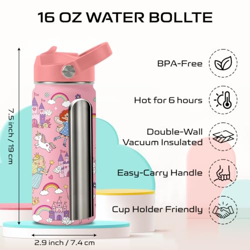 Castle 16 oz Water Bottle with Straw – Kid Stainless Steel Vacuum Insulated Cup, Leakproof Straw Lid, Reusable Travel Mug for Girls Outdoor Sports - color: Castle1