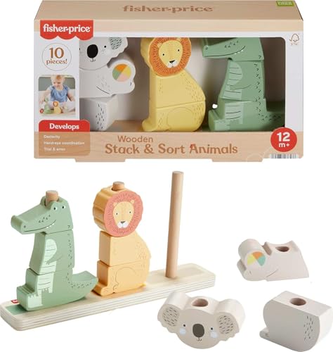 Fisher-Price Wood Baby Toy Stack & Sort Animals, 10 Wooden Pieces for Developmental Play for Infants & Toddlers Ages 1+ Years - style: Animals