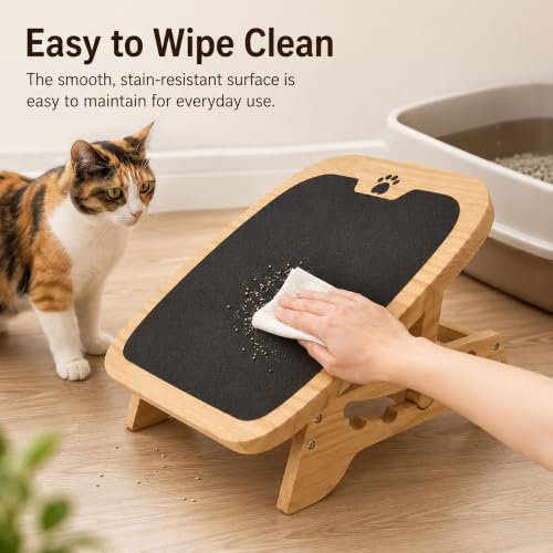 Wooden Litter Box Ramp, 4-Position Adjustable Cat Step for Automatic | and High-Entry Litter Boxes, Stable Elevated Pet Step for Senior Cats, Kittens and Small Cats