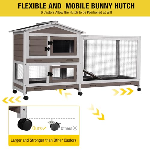 Aivituvin Rabbit Hutch 62" Rabbit Cage Indoor Outdoor Chicken Coop Guinea Pig Cage on Wheels Bunny Cage with 3 Deep No Leakage Pull Out Tray,Waterproof Roof (Brown) - color: Brown