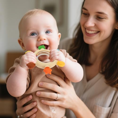 Baby Teething Rings Toys for 0-6 6-12 Months Animal Rattle Teether Toy | Sensory Toys for Babies 0-24Months Silicone Teether Relief Chew Soothing Sore Gums for Newborn Infant Essentials BPA Free