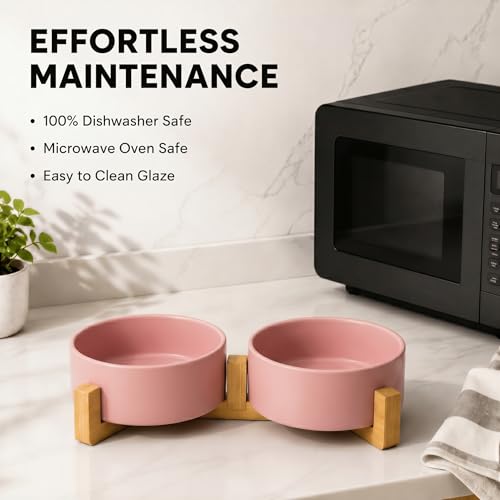 SPUNKYJUNKY Ceramic Dog and Cat Bowl with Wood Stand Non-Slip Matte Glaze Weighted Food Water Set for Cats &Small Dogs 13.5 OZ - color: Pink × 2, size: 1.7 cups