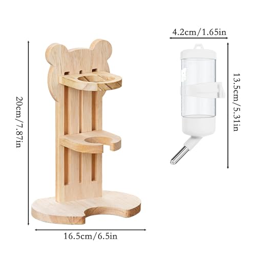 Hamster Water Bottle with Wooden Food Container Base for Dwarf Hamster Gerbil Small Animals (White, 80ml(2.7oz))