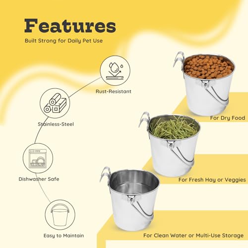 9 Quart Stainless Steel Flat Sided Bucket with Dual Hooks | 2 Pcs Food & Water Bowl for XL Dog Goat Cattle Horse & Livestock | Fits kennel Crate Cages Farm Hanging Pet Pail | Multipurpose - size: 9 Quart (Pack of 2)