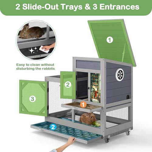 COZIWOW Rabbit Hutch Indoor Outdoor Bunny Cage with Wire Floors, Gray | 2 Wire Floors & Removable Trays, 2-Story Large Wooden Rabbit Cage on Wheels, Chewproof Ramp for Multiple Small Animals