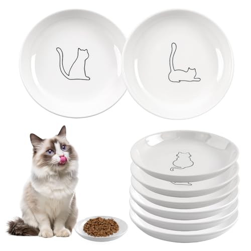 6 Pack Cat Food Bowl, Ceramic Cat Bowls, Anti Whisker Fatigue Cats Bowl Set | 5.5 Inches Shallow Wide Kitten Plates for Food and Water (White-B) - color: White-B