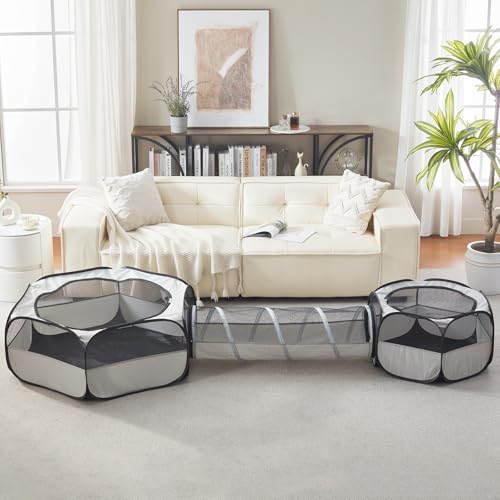 Outdoor Cat Enclosure，Cat Tunnels for Indoor and Outdoor Playpen Portable Cats with Cube Tent Toys Combo for Kitten, Puppy, Rabbit and Small Animals(One Small and One Large Hexagonal Cube +Tunnel