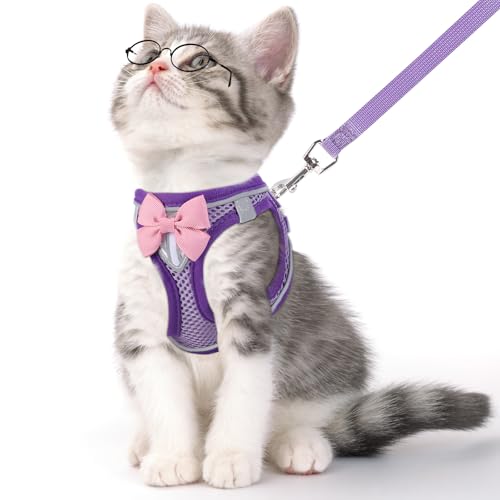 Cat Harness and Leash Set, Escape Proof Kitten Harness Purple XS | Safe Reflective Strips, Adjustable Easy Wear Kitty Harness, Sturdy Clip Buckle, Breathable Mesh , for Kitty Puppy Bunny Walks - color: Purple, size: XS