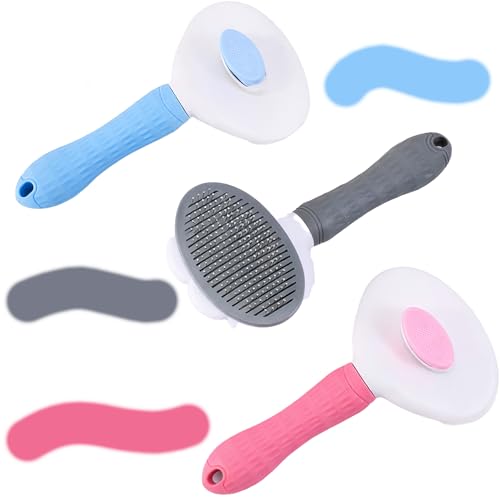 Cat Brush for Shedding, Self Cleaning Slicker Brush for Long Haired Cats, Deshedding Grooming Tool for Indoor Cats with Easy Release Button System (Blue)