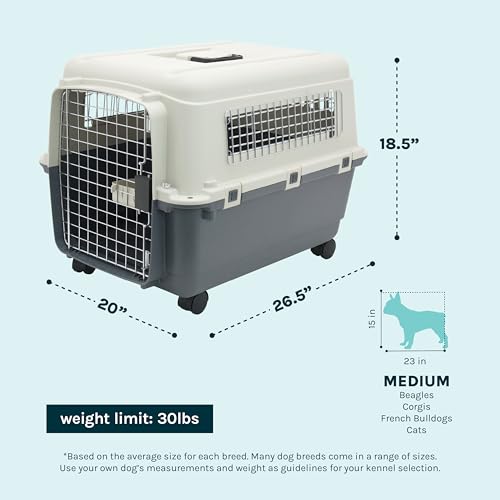 SportPet Airline Compliant MEDIUM 24.25" Travel Dog Kennel-Durable Plastic Airline Pet Carrier w/Removable Wheels & Food Bowls, Collapsible Indoor/Outdoor Dog Kennel, Dogs up to 23"L & 15"H-Cream/Gray - color: Cream/Gray