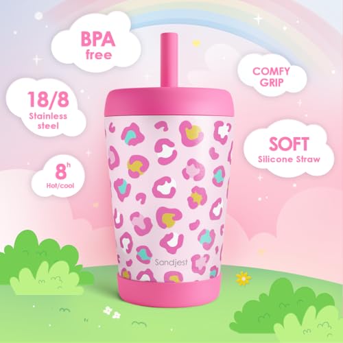 SANDJEST Leopard Skin Insulated Sippy Tumbler 12 Oz, Gift for Birthday, Christmas & Back to School - color: Leopard Skin