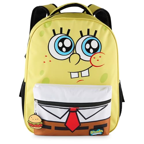 AI ACCESSORY INNOVATIONS SpongeBob Square Pants Backpack for Boys & Girls, 16” Big Face Nylon Twill Bookbag w/Molded Hamburger Patty Dangle, Yellow - style: Spongebob Square Pants