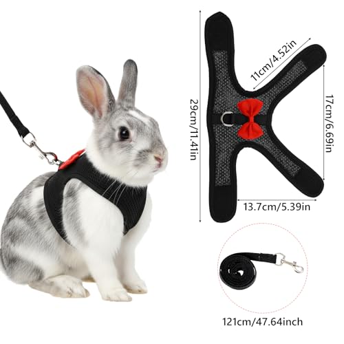 Rabbit Leash and Harness, Easily Adjustable Rabbit Harness and Leash Set for Small Animals, Rabbits Harness and Leashes for Proof Safely Walking Cute Bow Vest and Leashes, Black, Small