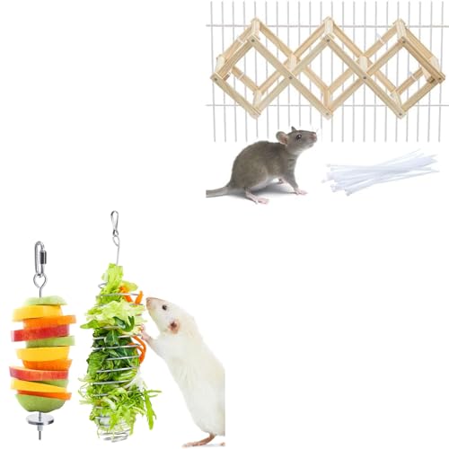 Small Wooden Rat Climbing Ladder with 2 Stainless Steel Foraging Toys for Pet Rats Mice and Parakeets