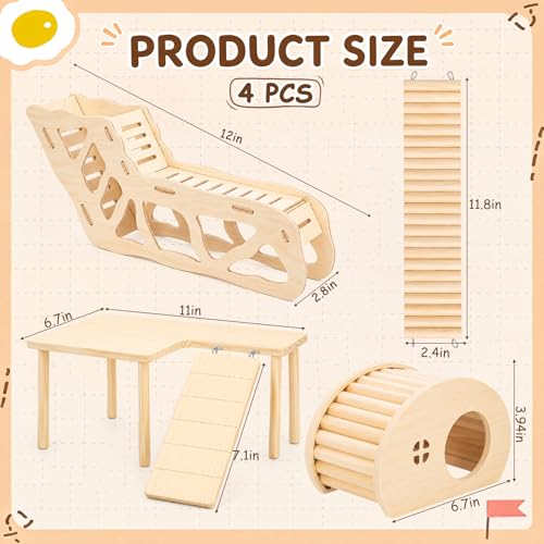 BreezeHug 4 Pcs Hamster Cage Accessories Hamster Platform Hideout Wooden Tunnel Ladder Playhouse Game Climbing Toy with Platform for Pets Dwarf Syrian Mice Degus Gerbils Squirrel(Table) - style: Table