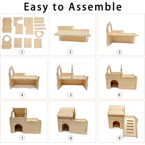 Wood Hamster House Set of 2 Tiny Wooden Hideout Castle Double-Decker Hut Multi-Chamber Maze Wood House with Slide, for Dwarf Hamster, Gerbil, Mouse, Guinea Pig Small Animals(Only for Small Hamster)