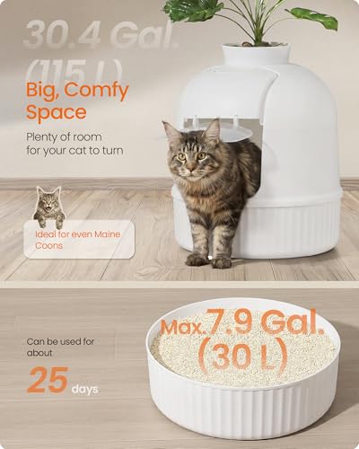 Feandrea Plant Cat Litter Box Enclosure with Artificial Plant, Enclosed Hidden Litter Box Furniture with Door, Carbon Filter, Odor Control, Pebbles, Scoop, Brush, Cloud White UPPT006W101 - color: Cloud White