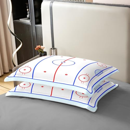 Pure Cotton Teens Hockey Comforter Cover, Kids Boys Ice Hockey Field In Blue Tones And Red Graphic Outline For Sport Events Duvet Cover, Decorative 3 Pieces Bedding Set With 2 Pillowcases, King - color: Multi 07, size: King (No Comforter)