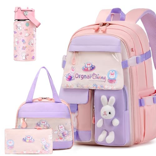 FIXITOK Girls Backpack with 14oz Insulated Water Bottle Set, Kawaii Bunny School Backpack for Girls with Kids Water Bottle Lunch Bag Pencil Case for Kindergarten Elementary Preschool School - color: W-pink