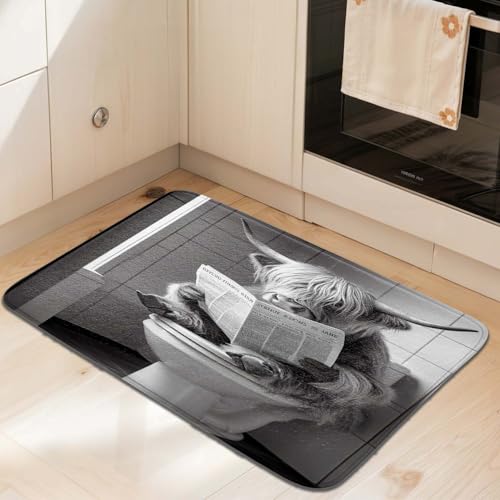 JAWO Funny Farmhouse Highland Cow Bath Mat, Grey Cow Sitting on Toilet Reading Newspaper, Non-Slip Bathroom Rug, Western Country Cattle Shower Rug Bathroom Decor 16X24 - color: Black Grey, size: 16.00" X 24.00"
