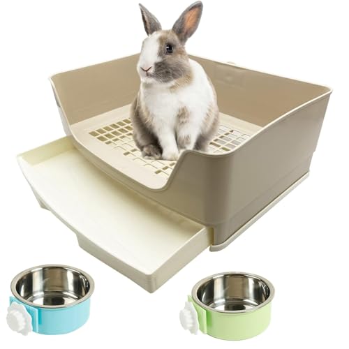 PINVNBY Rabbit Corner Litter Box with Drawer for Cage Small Animal Litter Pan Hanging Pet Feed Bowls Cage Potty Trainer Pet Toilet for Rabbit Bunny Guinea Pigs Chinchilla Ferret - color: White
