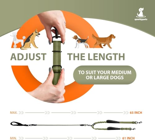 Double Dog Bungee Rope Leash - Dual Dog Lead for Medium and Large Breeds - Padded Handles, No Tangle - Flow Leash, 2 Dogs Walking Accessory - color: Green Range