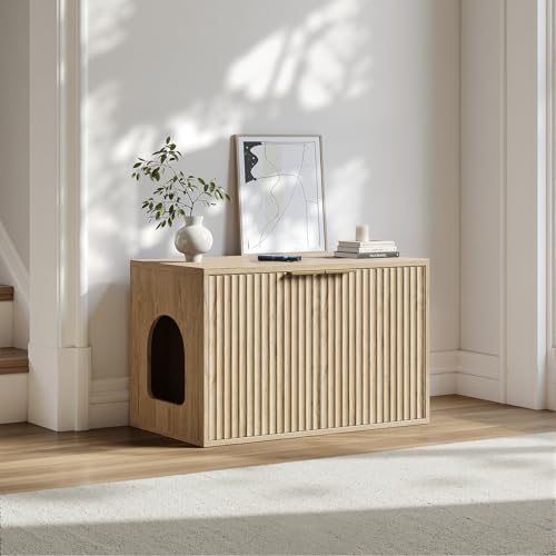 Evermagin 31.5" Cat Litter Box Enclosure Furniture | Oak Hidden Litter Box Cabinet, Modern Indoor Cat House, Fluted Kitty End Table for Living Room, Bedroom, Entryway - color: Oak