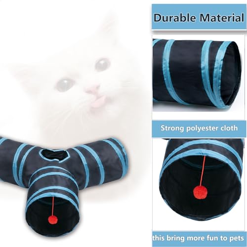 Cat Tunnel Tube Toys, 3 Ways Tunnels for Indoor Cats with Play Ball | Collapsible Pet Tube with Interactive Peephole Interactive Toy for Rabbits, Kittens, Ferrets, Puppy(Blue Black) - color: 3 Way Black Blue