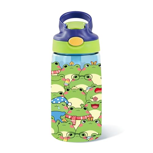 Kids Plastic Water Bottle - Frog Water Bottle for Kids, 14oz Plastic Water Bottles with Straw Lid, Leakproof BPA-Free Cute Frog Water Bottles for Home Sports Travel, Pop-Up Straw Cover, Blue - color: Frog